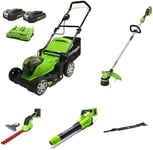 Greenworks Tools Battery Mower with Trimmer + Blade + Blower + Hedge Trimmer + Drill + Bag