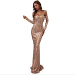 FTFTO Home Accessories Banquet Evening Dress Sexy One-Shoulder Long-Sleeved Retro Sequin Tail Skirt Dress Mopping Long Skirt Gold XS