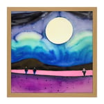 Modern Watercolour Night Harvest Moon Landscape Square Framed Wall Art Print Picture 16X16 Inch