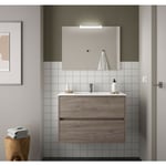 Caesaroo - Meuble de salle de bain suspendu 80 cm Chêne eternity avec lavabo en porcelaine 80 cm - Avec miroir et lampe led