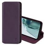 32nd Classic Series 2.0 - Real Leather Book Wallet Flip Case Cover For Motorola Moto G62 5G, Real Leather Design With Card Slot, Magnetic Closure and Built In Stand - Aubergine