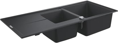 GROHE K400 - Quartz Composite Kitchen Sink with Drainer (Reversible Top Mount, Overflow and Automatic Waste Fitting, 1 Bowl 400x420x205 mm, 2 Bowl 295x295x205 mm), 116x50 cm, Granite Black, 31643AP0