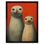 Seal Pups Portrait White Cream On Red Crimson Coral Detailed Oil Painting Art Print Framed Poster Wall Decor 12x16 inch