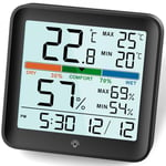 NOKLEAD Room Thermometer Hygrometer,Digital Indoor Thermometer with Max Min Records Light Air Comfort Clock Temperature Monitor Humidity Meter for Greenhouse Baby Room Bedroom,Black