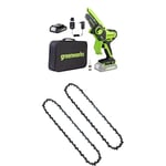 Greenworks 24V Mini Chainsaw 4 Inch (10cm) Cordless Battery Powered Chainsaw with 2Ah Battery+Chainsaw Chain 2 Pack for 4-Inch (10cm) Mini Chainsaw G24MCS10