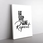 Big Box Art Eat Sleep Game Repeat Typography Canvas Wall Art Print Ready to Hang Picture, 76 x 50 cm (30 x 20 Inch), White, Black