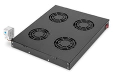 Unité de ventilation DIGITUS pour rack 19" (1HE), ou montage sur le toit dans l'armoire serveur et réseau VarioFLEX, 4x ventilateur, thermostat, noir (RAL 9005)