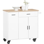 Sobuy - FKW126-WN Desserte de Cuisine à Roulettes îlot de Cuisine Chariot de Service Buffet Placard Armoire Cuisine avec 2 Tiroirs, 2 Portes,