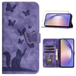 Verre trempé+Etui iPhone XS Max 6.5", Etui en Cuir PU, Portefeuille Housse avec Carte de Crédit Slot -Chat violet et papillon MHD