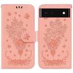 Google Pixel 6 Wallet Case Flip Pu Nahka Emboss Rose Flowers Magneettinen tukijalustan korttipaikan kansi – vaaleanpunainen