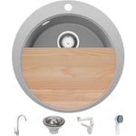 Evier cuisine Granit Rond Gris 53x53cm, Evier 1 bac + Kit de Vidage + Robinet + planche à découper, Lavabo Cuisineau meuble 50cm - Pise Max Top de