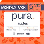 Pura Eco Baby Nappies - Size 5 (11-16kg / 24-35 lbs), 6 x 22 Nappies (132 Total), Monthly Pack, Ultra Soft Nappies for Sensitive Skin, Organic Cotton, Up to 12hrs Leak Protection, New Size Guide