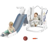 AIYAPLAY Space-Themed Slide and Swing Set for Kids w/ Basketball Hoop, Blue