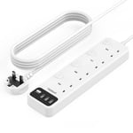 Multi Plug Extension Lead 5M, TESSAN 4 Way Plug Extender with Switches, Extension Cable with 3 USB Slots, 5 Metre Multiplug Socket UK 3250W for Home Office School Supplies