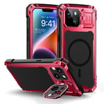 Lanhiem Coque pour iPhone 14 (6.1''), Métal et Rigide [Protection Caméra & Supports] Antichoc Militaire avec du Verre trempé Integrale Indestructible Chantier Etui [Compatible Charge sans Fil] Rouge