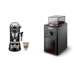 De'Longhi Dedica Style, Machine expresso pour préparer des boissons café et lactées, Noir & Moulin à Café Electrique, Broyeur pour Grains de Café avec Réservoir d'une Capacité de 120 g, 110 W, Noir