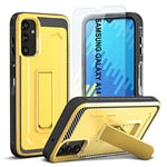 ORETECH Coque pour Samsung Galaxy A14 5G avec [1 Verre Trempé] et [Béquille], Coque Galaxy A14 Antichoc Dos Rigid Bumper Souple Protection A14 Coque Samsung A14 avec Support,6,6 Pouces,Jaune