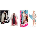 Barbie The Movie Collectible Ken Doll Wearing Big Faux Fur Coat and Black Fringe Vest with Bandana & The Movie Ken Doll Wearing Pastel Pink and Green Striped Beach Matching Set