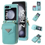 ESONG Coque pour Samsung Galaxy Z Flip 5 avec cordon,Cuir PU de portefeuille etui avec Fente pour Carte/support,Antichoc Protecteur Crossbody Housse,Protection téléphone Case Cover pour fille-Bleu