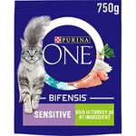 Purina ONE Sensitive Dry Cat Food Rich in Turkey 750g, Pack of 4