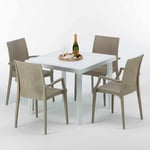 Grand Soleil - Table Carrée Blanche 90x90cm Avec 4 Chaises Colorées Set Extérieur Bar Café arm Bistrot Love Couleur: Beige