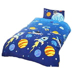 Rapport Home Kids Rockets Stars and Space Blue Childrens 2 Piece Duvet Cover Set - Planets and Spaceship Rockets Single Bedding Set