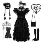 Wednesday Addams Klänning Cosplay Kostym Barn Flickor Fest Svarta Klänningar Halsband Mask only wig 02 150cm