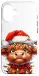 Coque pour iPhone 16 Adorable Père Noël bébé vache Highland Noël rouge clair plaid