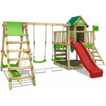 Fatmoose - Aire de jeux Portique bois JazzyJungle avec balançoire SurfSwing et toboggan Maison enfant exterieur avec bac à sable, échelle d'escalade