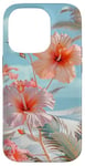 iPhone 14 Pro Palm Tree Hibiscus Sunset on the Beach Light Blue Case