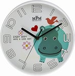 MPM Horloge Murale en Plastique pour Enfant Motif Hippopotame Blanc/coloré Décoration Murale Convient Bien pour Chambre d'enfant Moteur Pas à Pas à Quartz pour garçons et Filles