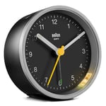 Braun Classic Analogue Alarm Clock With Snooze And Light, Quiet Quartz Movement, Crescendo Beep Alarm - Silver/Black BC12SB