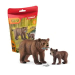 schleich 42473 Wild Life Realistic Grizzly Bear Toy Mother, Cub, and Fish - 4-Pi