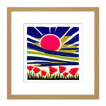 Abstract Sunrise Indigo Blue Sky Over A Field Of Red Poppy Flowers Painting Square Wooden Framed Wall Art Print Picture 8X8 Inch