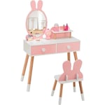 Coiffeuse Enfant 2 en 1 avec Miroir en Forme Lapin,Table de Maquillage en Bois avec Tabouret Mignon,2 Tiroirs,Étagère de Rangement,Style de Princesse