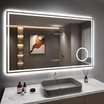 100x60cm Miroir Salle de Bain avec 3X Loupe, 45W Miroir Anti-buée avec éclairage, Affichage de L'heure, Prise pour Rasoir, Dimmable et 3 Couleurs Réglable, IP44 Étanchéité