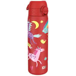 Ion8 Steel Water Bottle, 600 ml/20 oz, Leak Proof, Easy to Open, Secure Lock, Dishwasher Safe, Flip Cover, Fits Cup Holders, Carry Handle, Durable, Metal Water Bottle, Raised Print, Red Unicorns