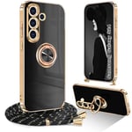 Ptny Coque avec Cordon pour Samsung Galaxy S24 Coque avec Anneau Rotatif à 360 °, Aimant Support de Voiture Housse Bumper, Antichoc Silicone TPU Souple, Collier Réglable Coque, Noir