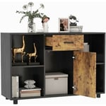 Buffet à Porte avec 4 Compartiments et 1 Tiroir, Meuble de Rangement avec Kit Anti-Basculement pour Salon, Cuisine, Caisson Bureau, Marron et Noir,