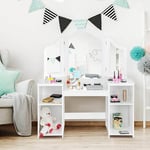 Coiffeuse pour Enfants 2 en 1 avec Miroir Amovible, Bureau Enfant avec 4 Étagères de Style Princesse pour Filles, Blanc - Costway