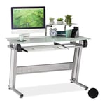 Relaxdays PC Desk, Glass, Keyboard Tray & Shelf, Modern, HWD 94 x 110 x 63 cm, White, Metal, MDF Boards, 94 x 110 x 63 cm