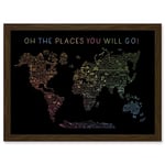 Artery8 World Travel Landmark Line Map Oh The Places You Will Go! Rainbow Black Artwork Framed Wall Art Print A4