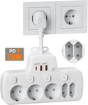 Pd20W Multiprise Avec Usb, Prise Multiple Avec Interrupteur Individuel, Multiprise Electrique Murale 5 Prises Pd20W Et Qc18W Charge Rapide Prise Usb Secteur Multiple Parafoudre Bureau Cuisine, Blanc