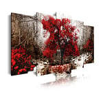 DekoArte 258 - Impression Sur Toile Moderne D'Images Artistiques | Toile Décorative Pour Votre Salon Ou Votre Chambre | Style Paysage avec Des Arbres Rouges Fond Ocre Nature | 5 Pièces 150 x 80 cm