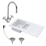 101cm 1.5 Bowl Fireclay Inset Kitchen Sink & Drainer, Mixer Tap & Wastes, White