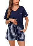 Lovasy Pyjama Femme Coton Short Ensemble de Pyjama Court Col V Manches Courtes Sexy Chic Ete 2 Pièces Vêtements de Nuit Rayé B Bleu Marine S