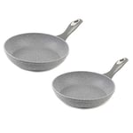 Salter COMBO-6448 20cm & 28cm Non-Stick Frying Pan Set, Healthier Cooking with Little to No Oil, Induction Suitable, Durable Forged Aluminium, Marblestone, Grey