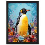 King Penguin in Colourful Floral Flowers Nest Thick Paint Oil Painting Yellow Black Blue Colourful Artwork Framed Wall Art Print A4