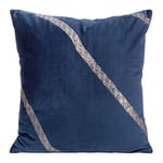 Eurofirany Elegant Velvet Cushion Covers Decorative Cushion with Print 45 x 45 cm Cover Velvet Cushion Cover Soft Sofa Cushion Slanted Belt Dark Blue