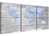 Large Blue Grey Map of World Atlas Canvas Wall Art Print 3 Set 125cm wide - 3303